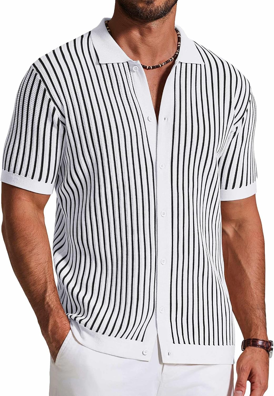 Cyril Men's Retro Knit Shirt – Colour-Block Stripes, Collar & Button-Down Front