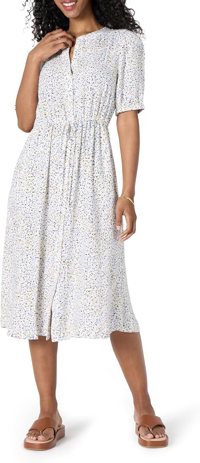 Sylviane Women's Button-Front Midi Dress with Drawstring Waist & Half Sleeves