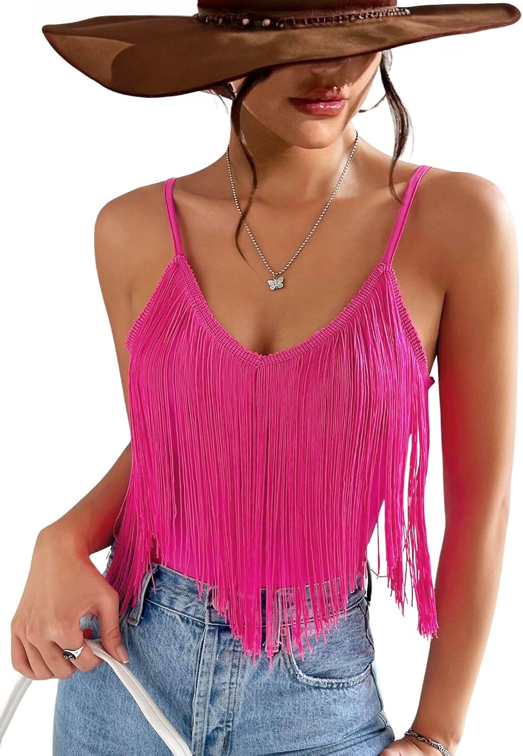 Mireya Fringe Tassel V-Neck Cami Tank Top with Adjustable Straps for Festival Style