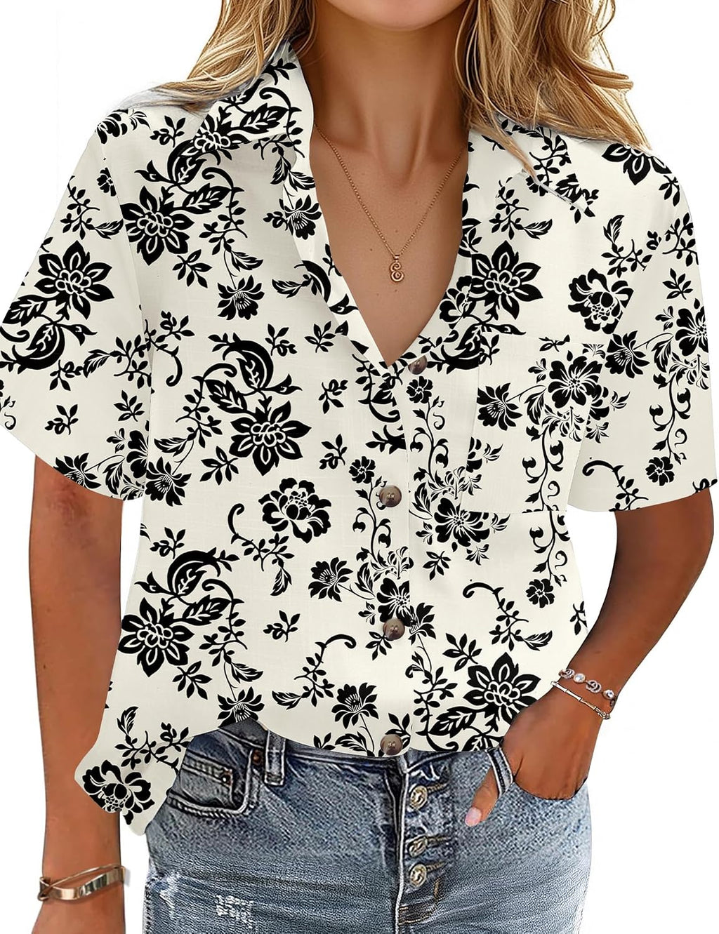 Ophelia - Printed Cotton Linen Short Sleeve Button Down Collared Summer Shirt for Women