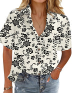 Ophelia - Printed Cotton Linen Short Sleeve Button Down Collared Summer Shirt for Women