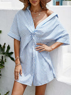 Coralie Striped Twist Front Shirt Dress – Button-Up Collared Mini Summer Dress