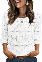 Adeline Women's Eyelet Lace Blouse with 3/4 Puff Sleeves & Embroidered Detail