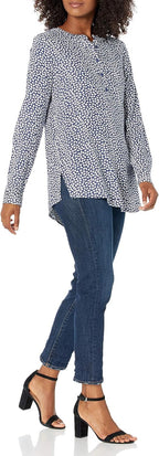 Marceline Women's Printed Long Sleeve Popover Blouse in Lightweight Viscose Relaxed Fit