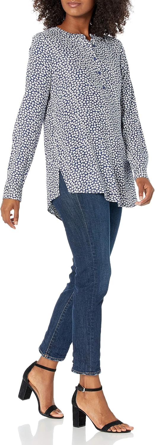 Marceline Women's Printed Long Sleeve Popover Blouse in Lightweight Viscose Relaxed Fit