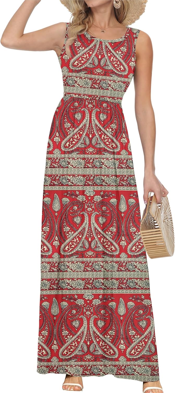 Rosalie Women's Paisley Print Sleeveless Maxi Dress with Elastic Waist and Pockets