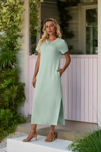 Odette Women's Short Sleeve Maxi Dress with Side Slit & Pockets