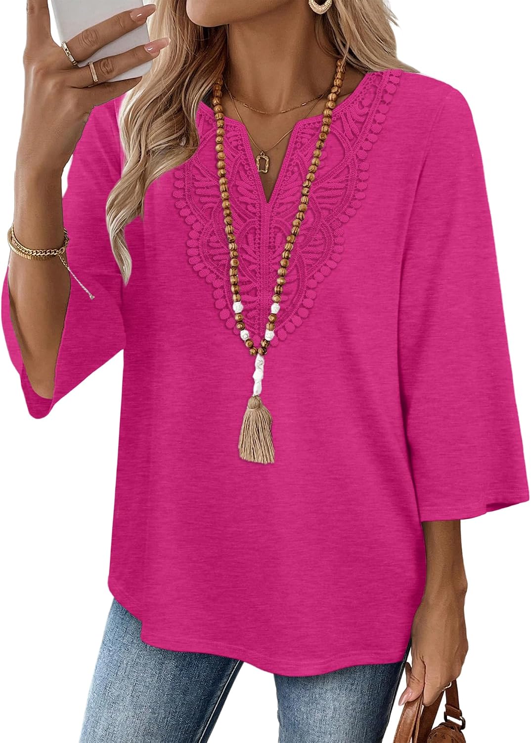 Elowise Women's Boho V-Neck Lace Blouse with 3/4 Sleeves & Curved Hem