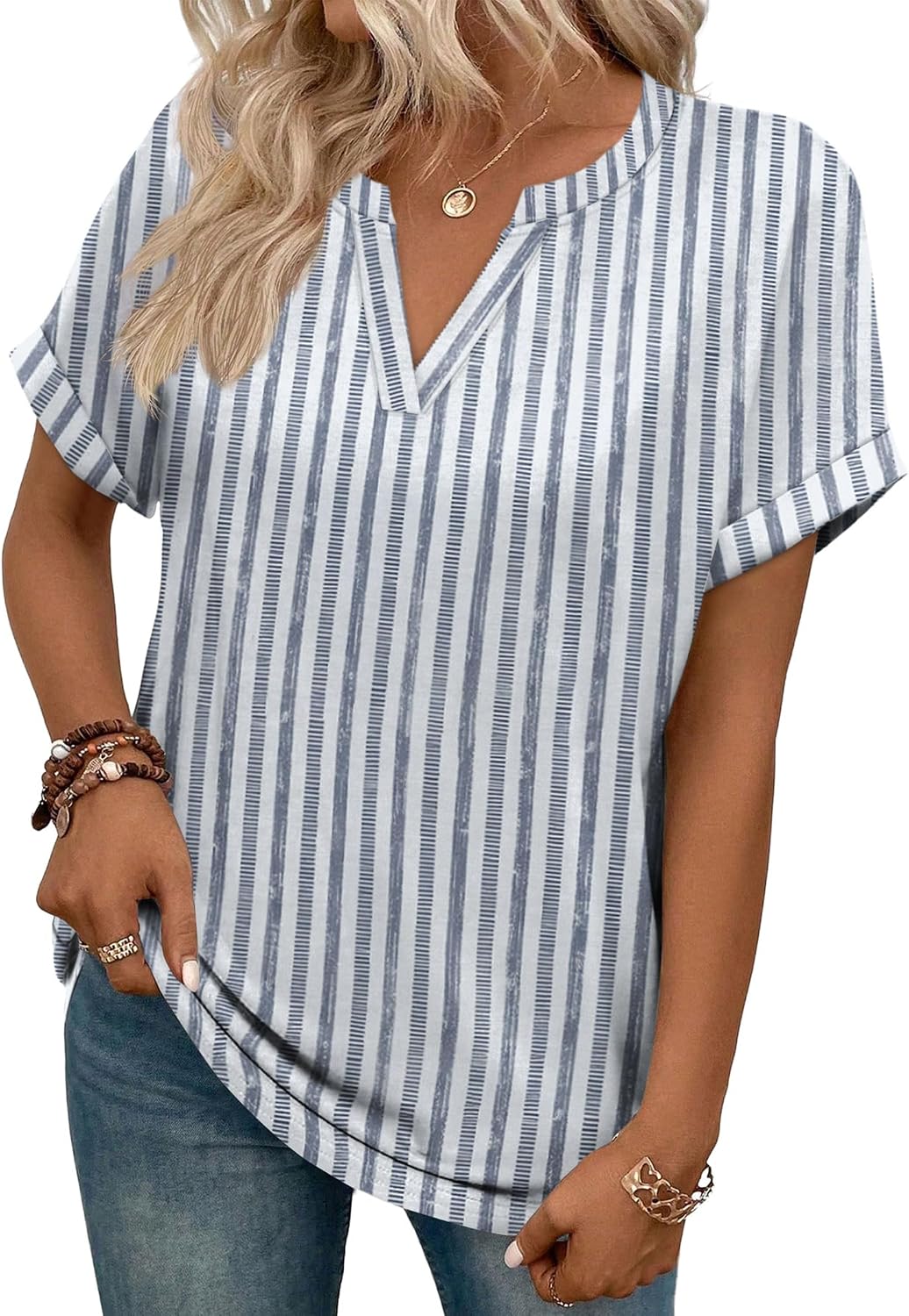 Celia Women's V-Neck Tunic Blouse with Rolled Short Sleeves & Relaxed Fit