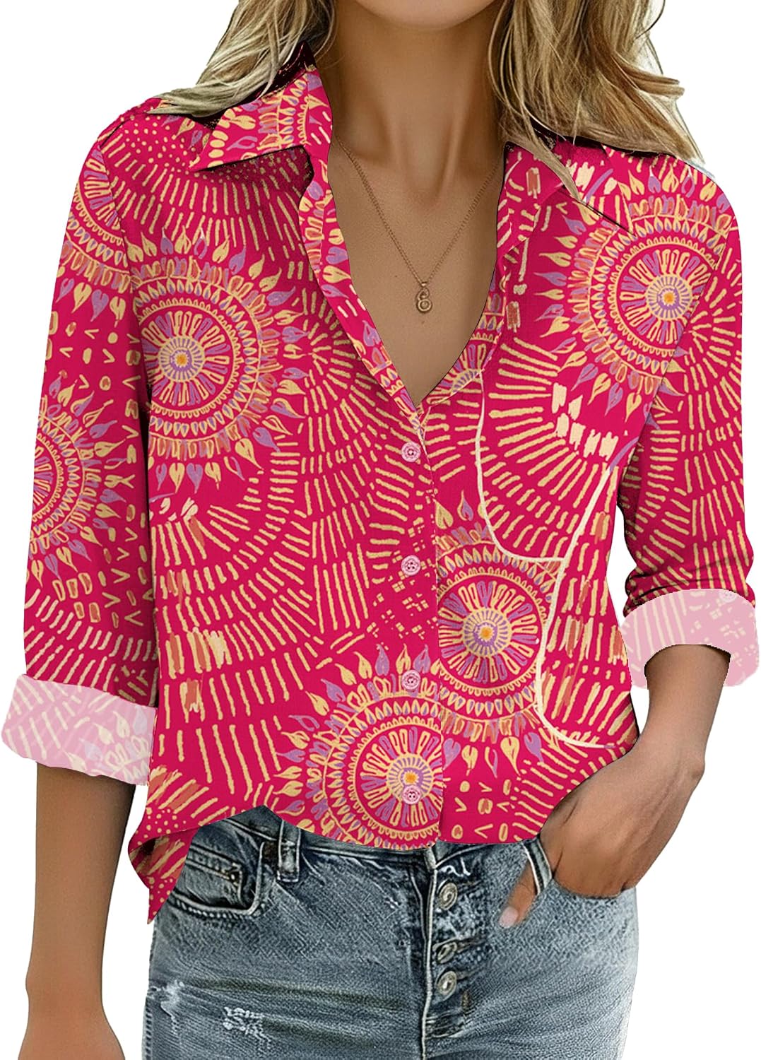 Nadia - Printed Cotton Button Down Long Sleeve Collared Shirt for Women Casual Blouse