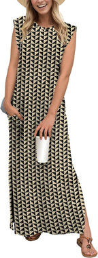 Coralie Women's Sleeveless Maxi Dress with Side Slit, Pockets & Wrinkle-Resistant Fabric