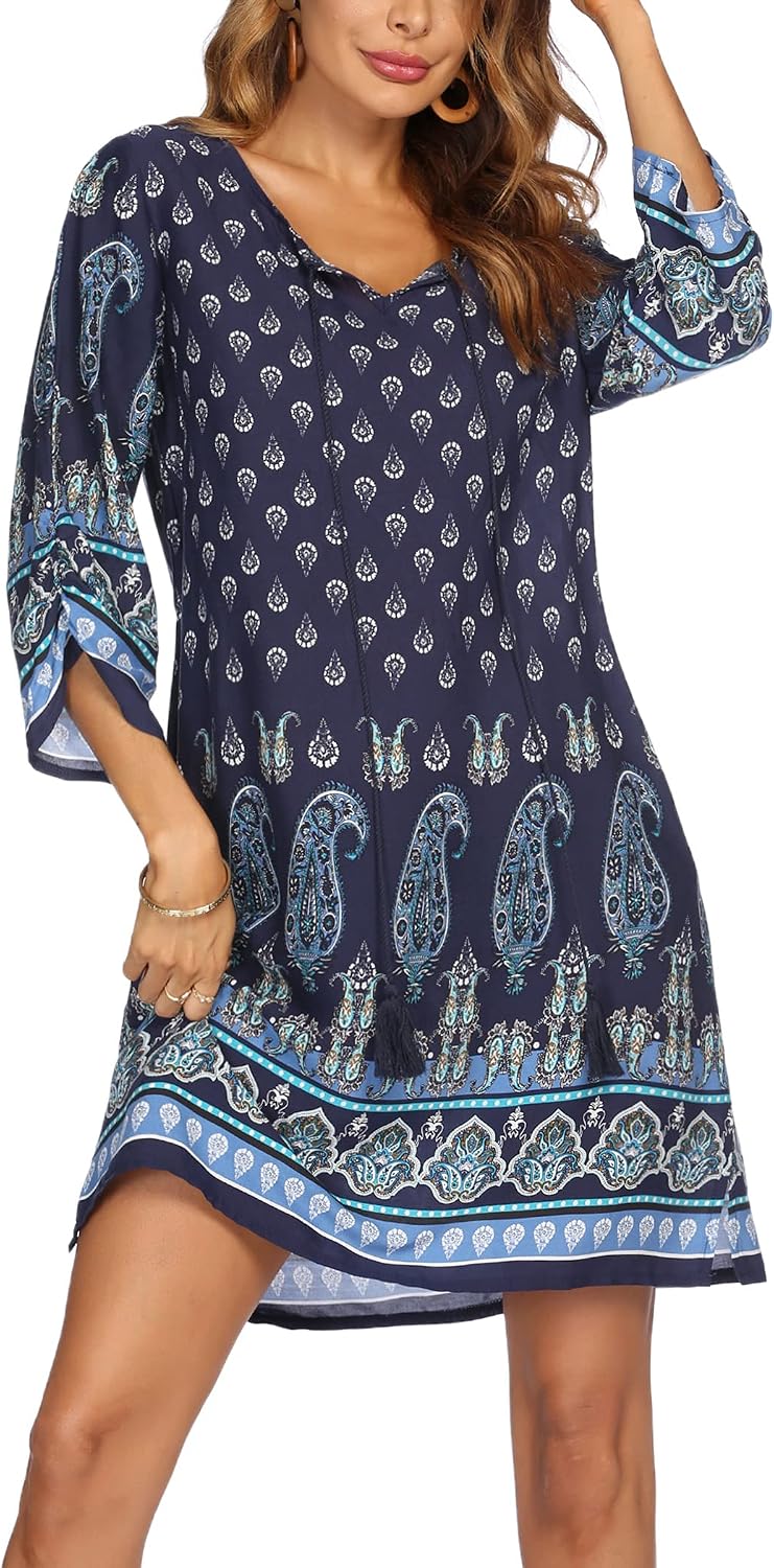 Zafira Bohemian Beach Tunic Mini Dress with V-Neck, Tassel Tie and Flowing Sleeves