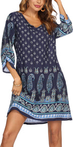Zafira Bohemian Beach Tunic Mini Dress with V-Neck, Tassel Tie and Flowing Sleeves