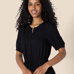 Sylviane Women's Button-Front Midi Dress with Drawstring Waist & Half Sleeves