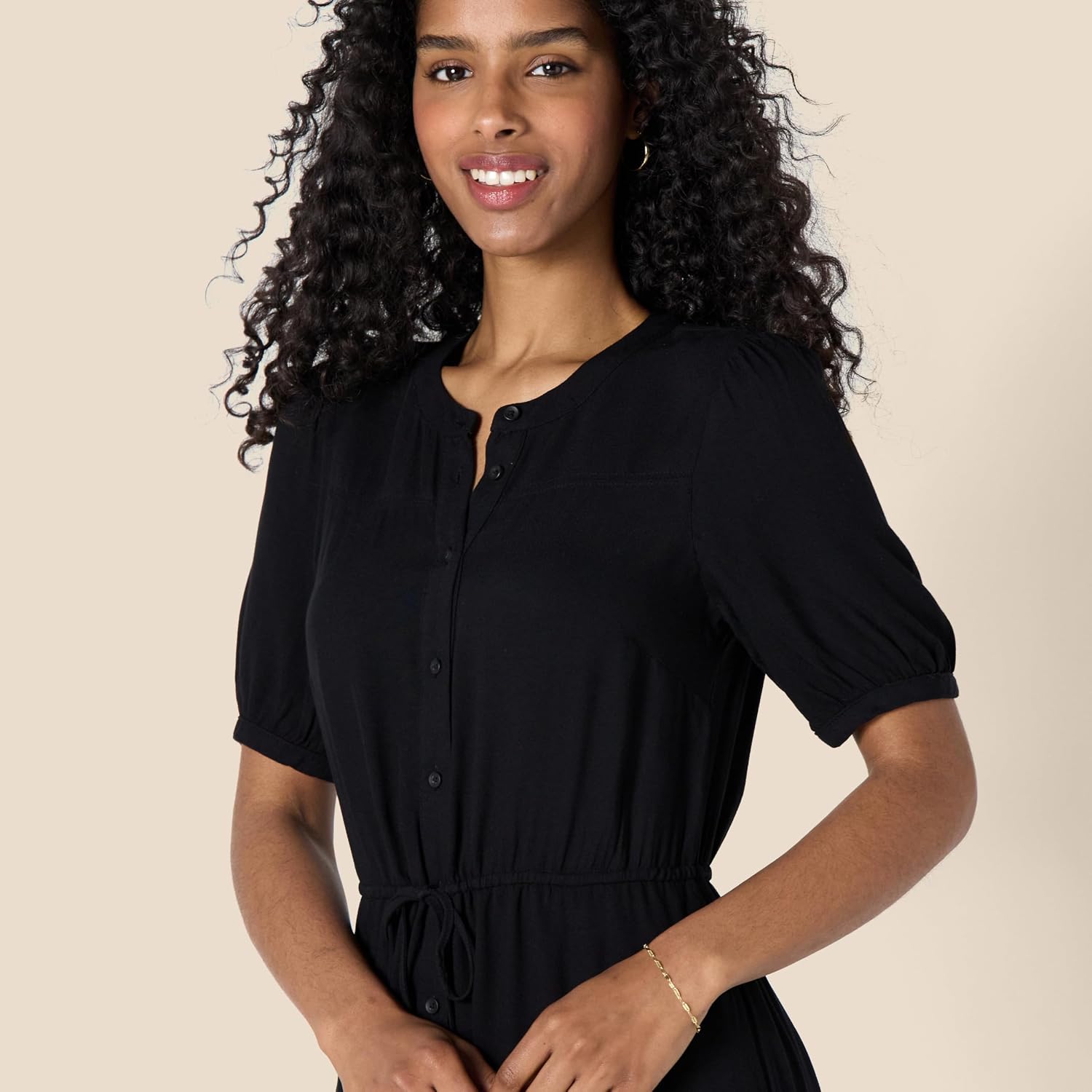 Sylviane Women's Button-Front Midi Dress with Drawstring Waist & Half Sleeves