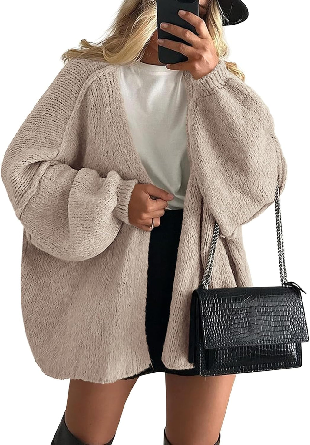 Sabrina - Oversized Open Front Chunky Knit Cardigan with Lantern Sleeves for Women