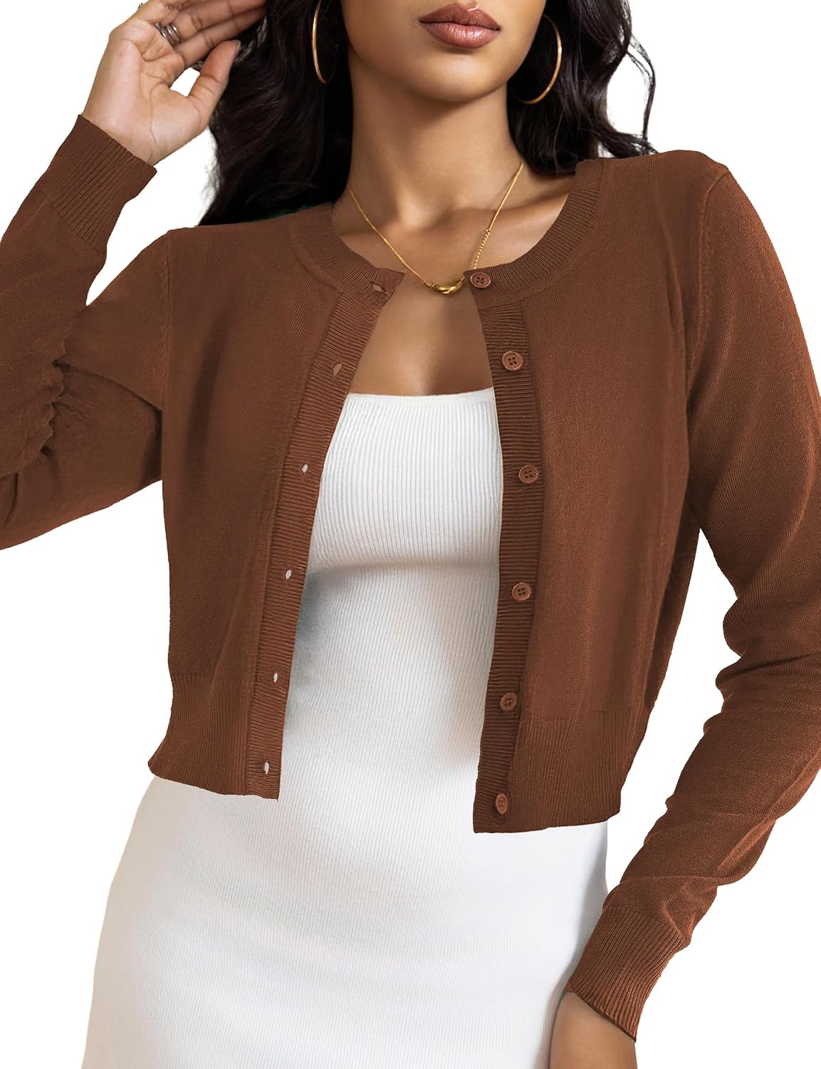 Quinn - Cropped Button Front Knit Cardigan Bolero for Women Long Sleeve Lightweight