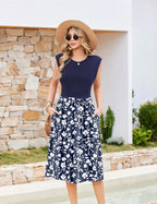 Noemi Women's Floral Midi Dress with Cap Sleeves, Round Neck & Side Pockets