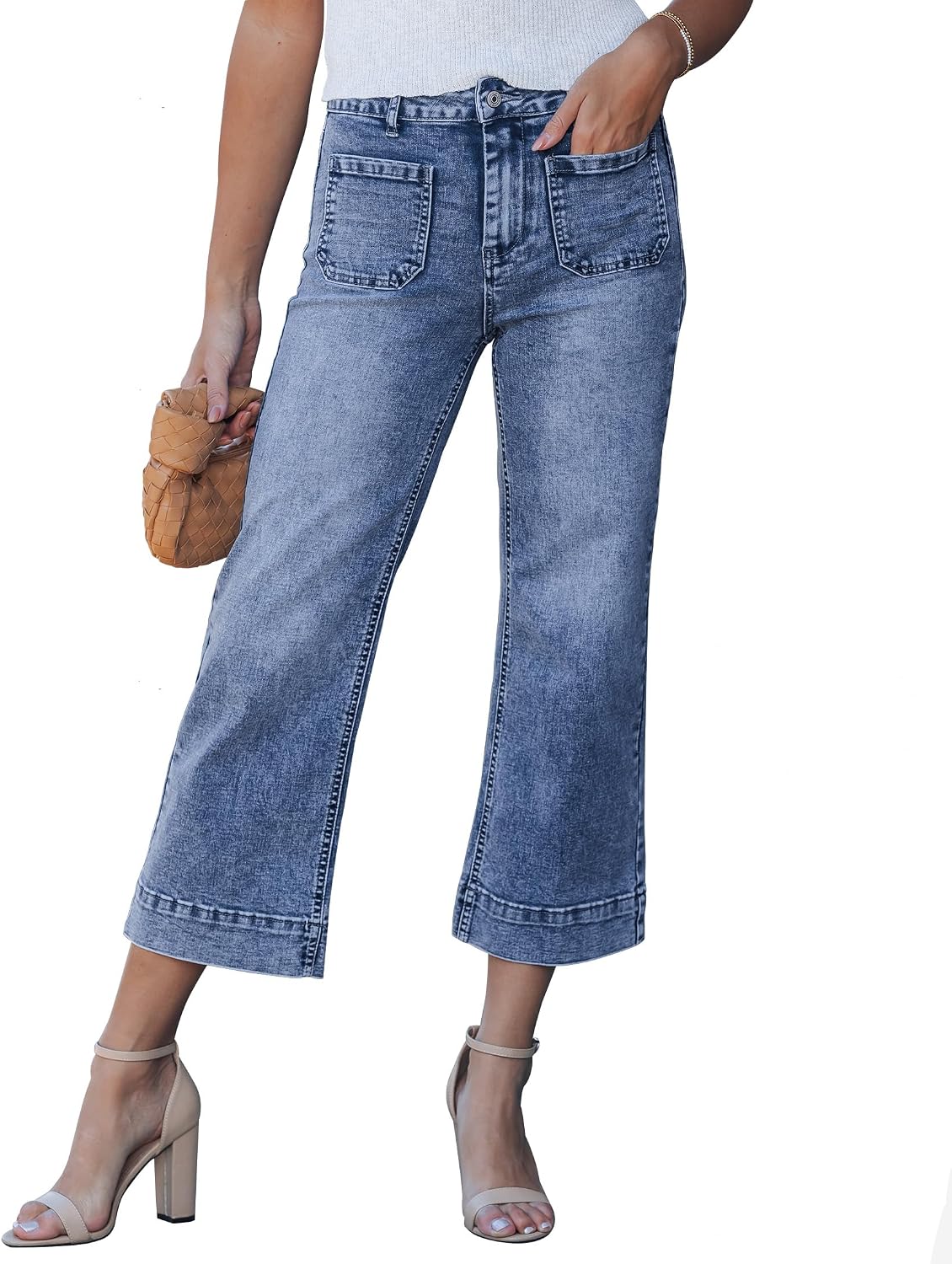 Corinne Women's High-Waisted Cropped Wide Leg Denim Jeans with Patch Pockets