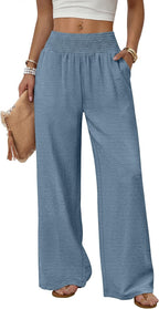 Solenne Women's High-Waisted Wide Leg Lounge Pants with Smocked Waist & Pockets