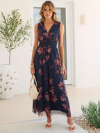 Rosalind Women's Floral Tulle Maxi Dress with V-Neck, Sleeveless A-Line Silhouette & Elastic Waist