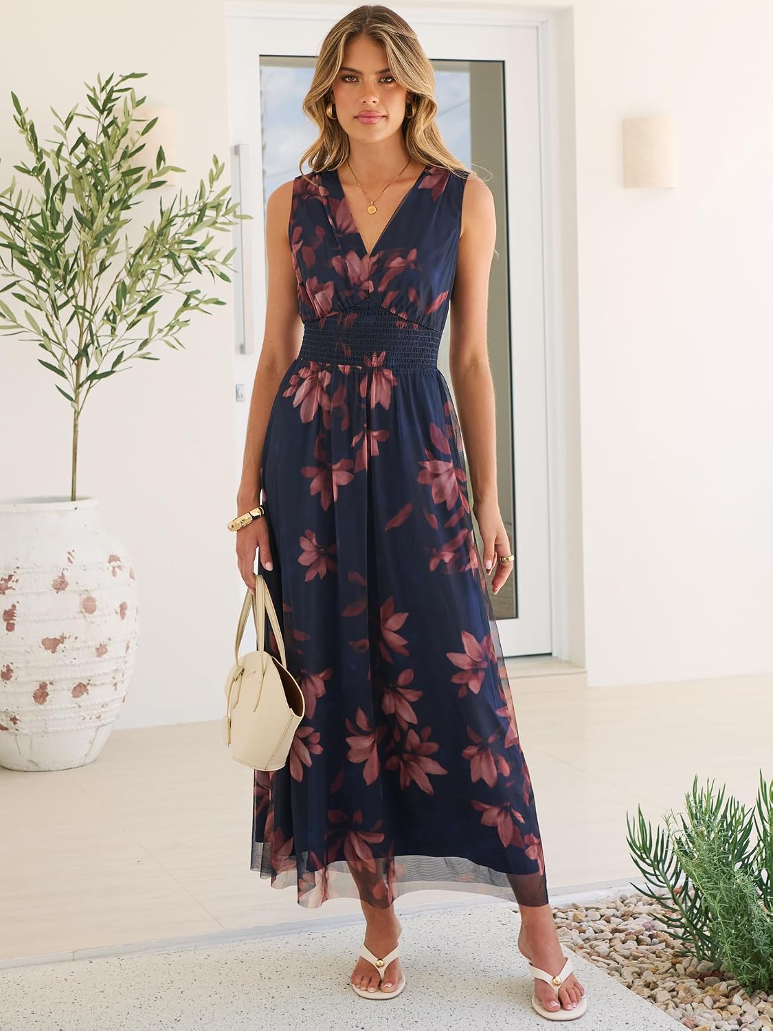Rosalind Women's Floral Tulle Maxi Dress with V-Neck, Sleeveless A-Line Silhouette & Elastic Waist
