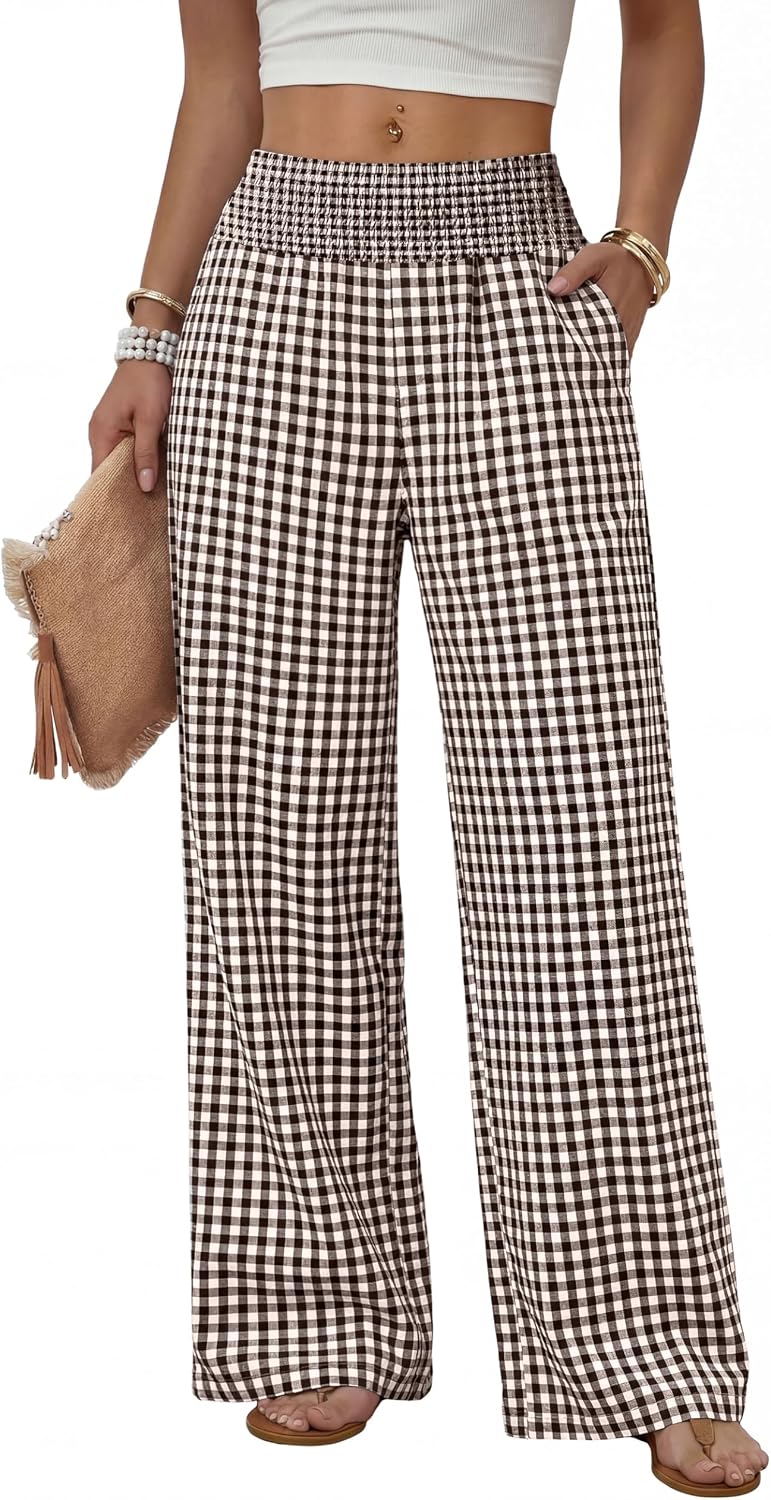 Solenne Women's High-Waisted Wide Leg Lounge Pants with Smocked Waist & Pockets