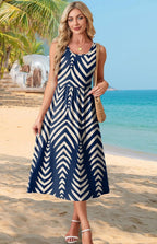 Odessa Women's Sleeveless Midi Dress with Empire Waist, Flowy A-Line Skirt & Pockets