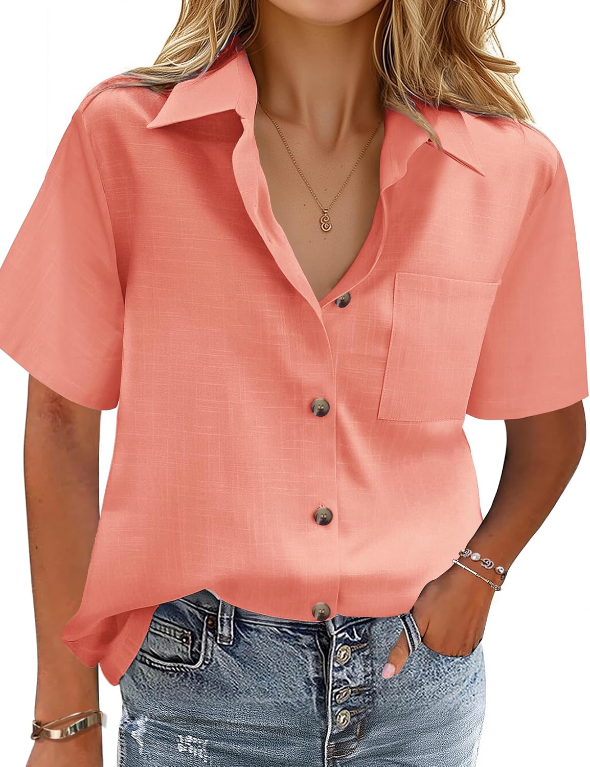 Ophelia - Printed Cotton Linen Short Sleeve Button Down Collared Summer Shirt for Women