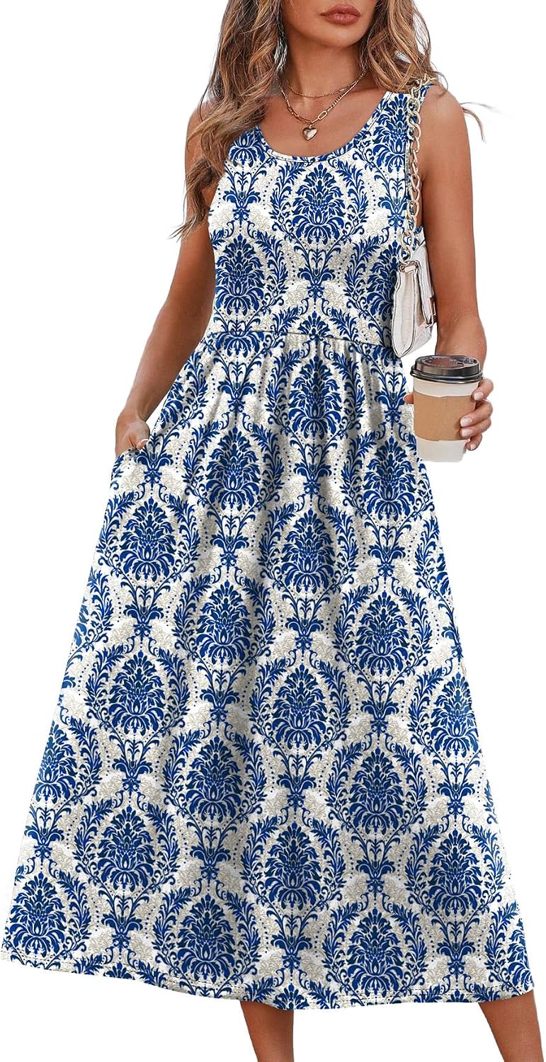 Kianna Printed Sleeveless A-Line Midi Dress with Empire Waist, Pockets & Summer Fit