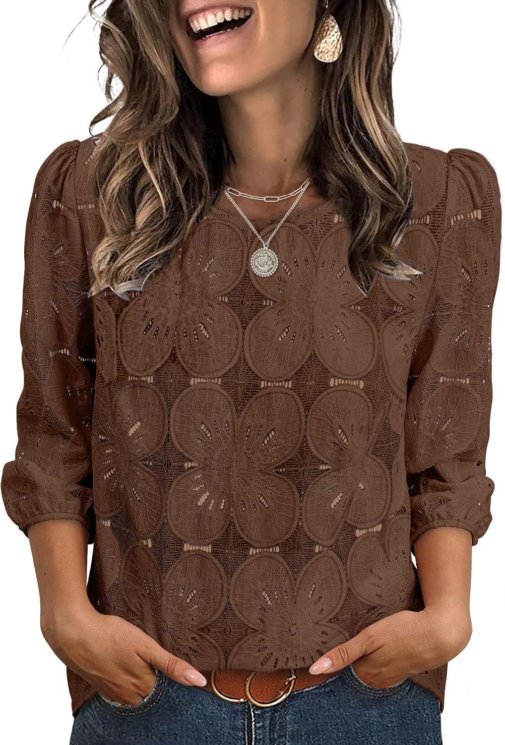 Adeline Women's Eyelet Lace Blouse with 3/4 Puff Sleeves & Embroidered Detail