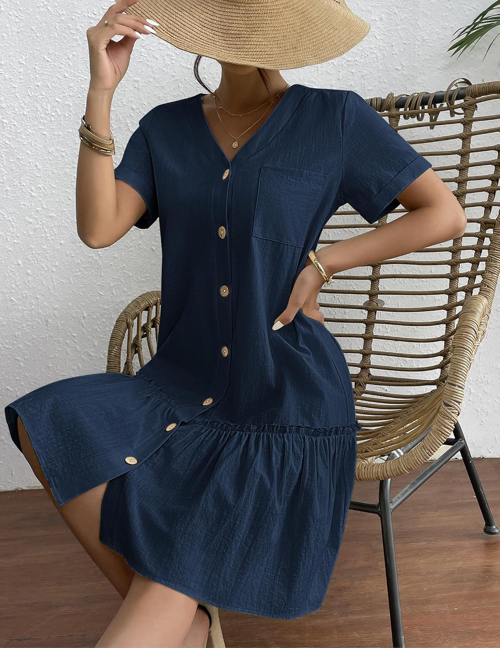 Celestine Cotton Linen Button Front Mini Dress with V-Neck, Ruffle Hem and Pocket
