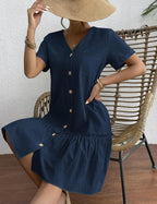 Celestine Cotton Linen Button Front Mini Dress with V-Neck, Ruffle Hem and Pocket