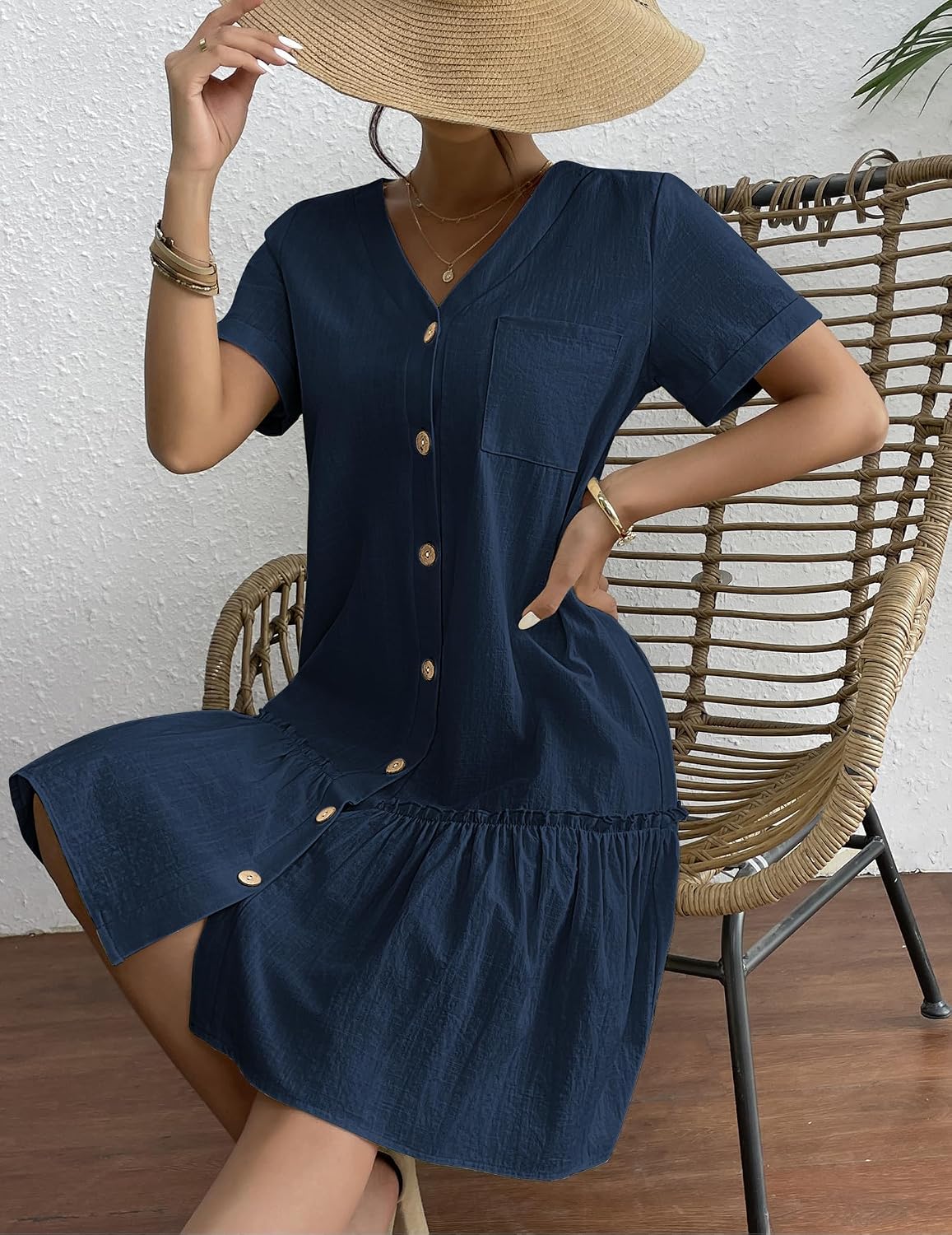 Celestine Cotton Linen Button Front Mini Dress with V-Neck, Ruffle Hem and Pocket