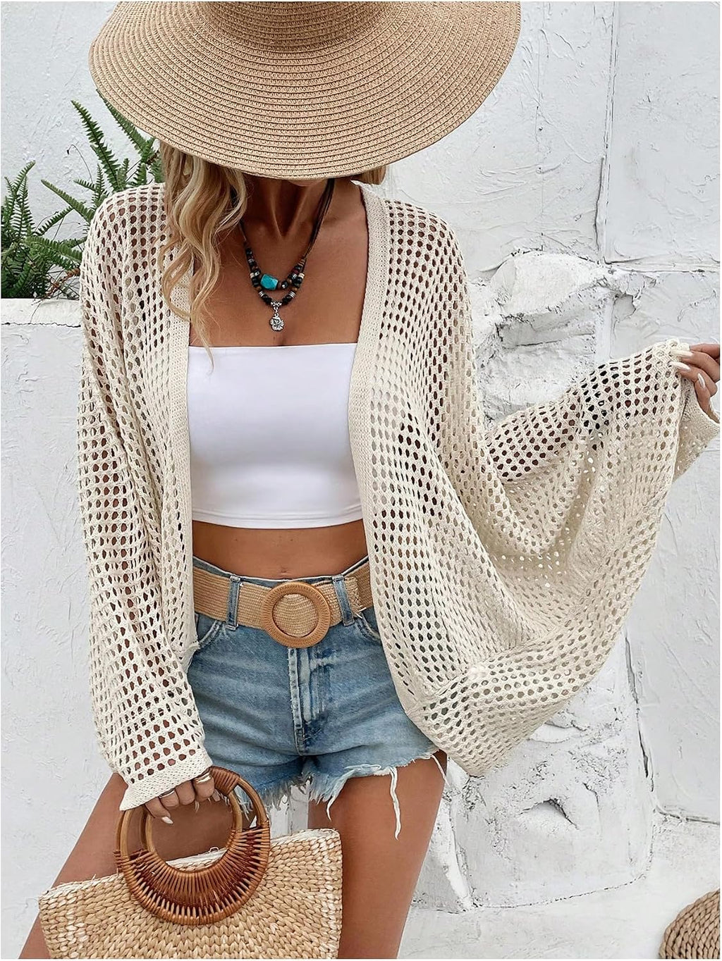 Odette - Oversized Crochet Knit Open Front Cardigan for Women Beach Cover Up Sweater