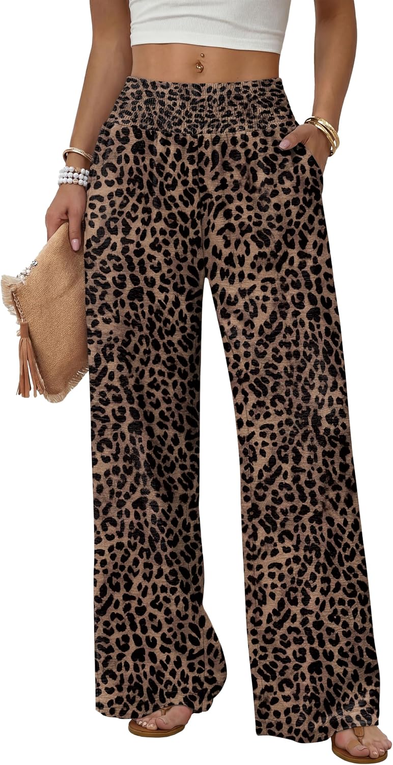 Solenne Women's High-Waisted Wide Leg Lounge Pants with Smocked Waist & Pockets