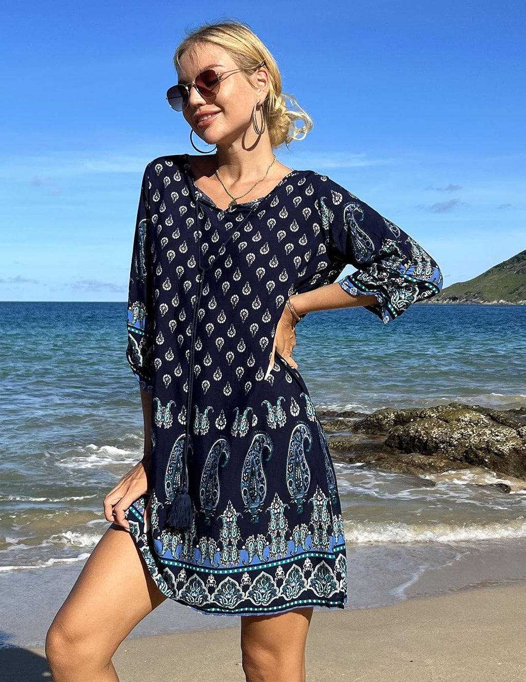 Zafira Bohemian Beach Tunic Mini Dress with V-Neck, Tassel Tie and Flowing Sleeves