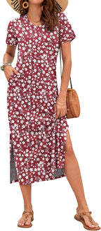 Celestia Women's Printed V-Neck Maxi Dress with Side Slits & Pockets
