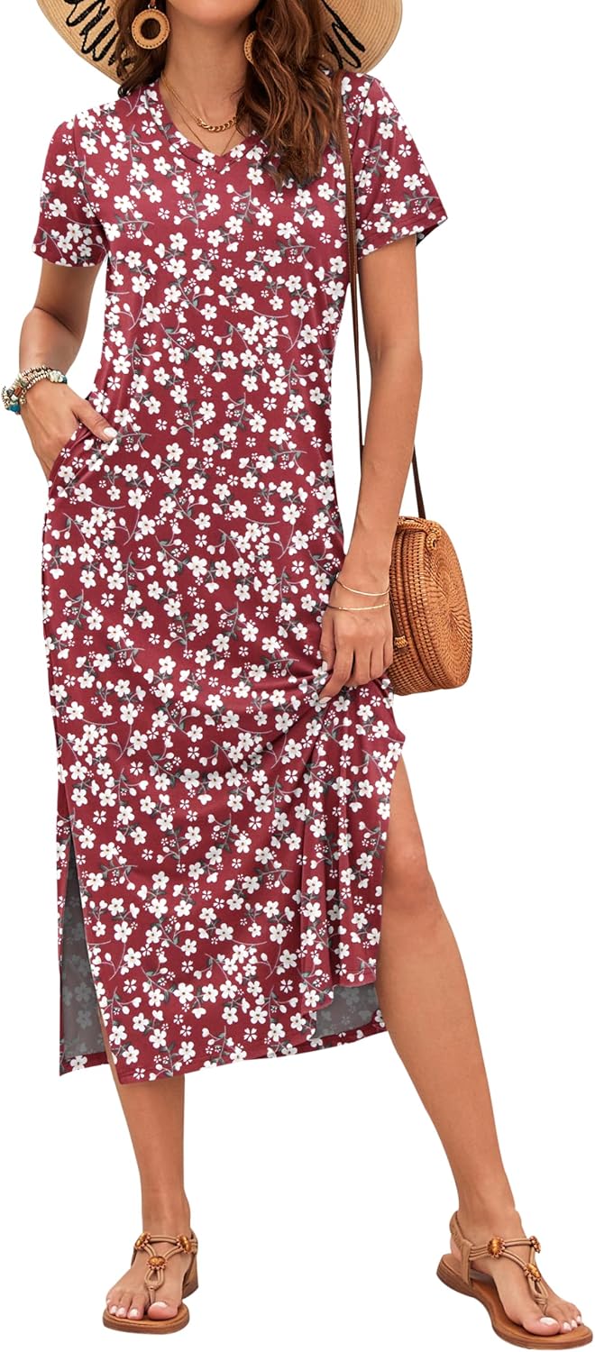 Celestia Women's Printed V-Neck Maxi Dress with Side Slits & Pockets
