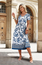 Danica Floral A-Line Midi Dress – V-Neck Short Sleeve Summer Dress with Pockets