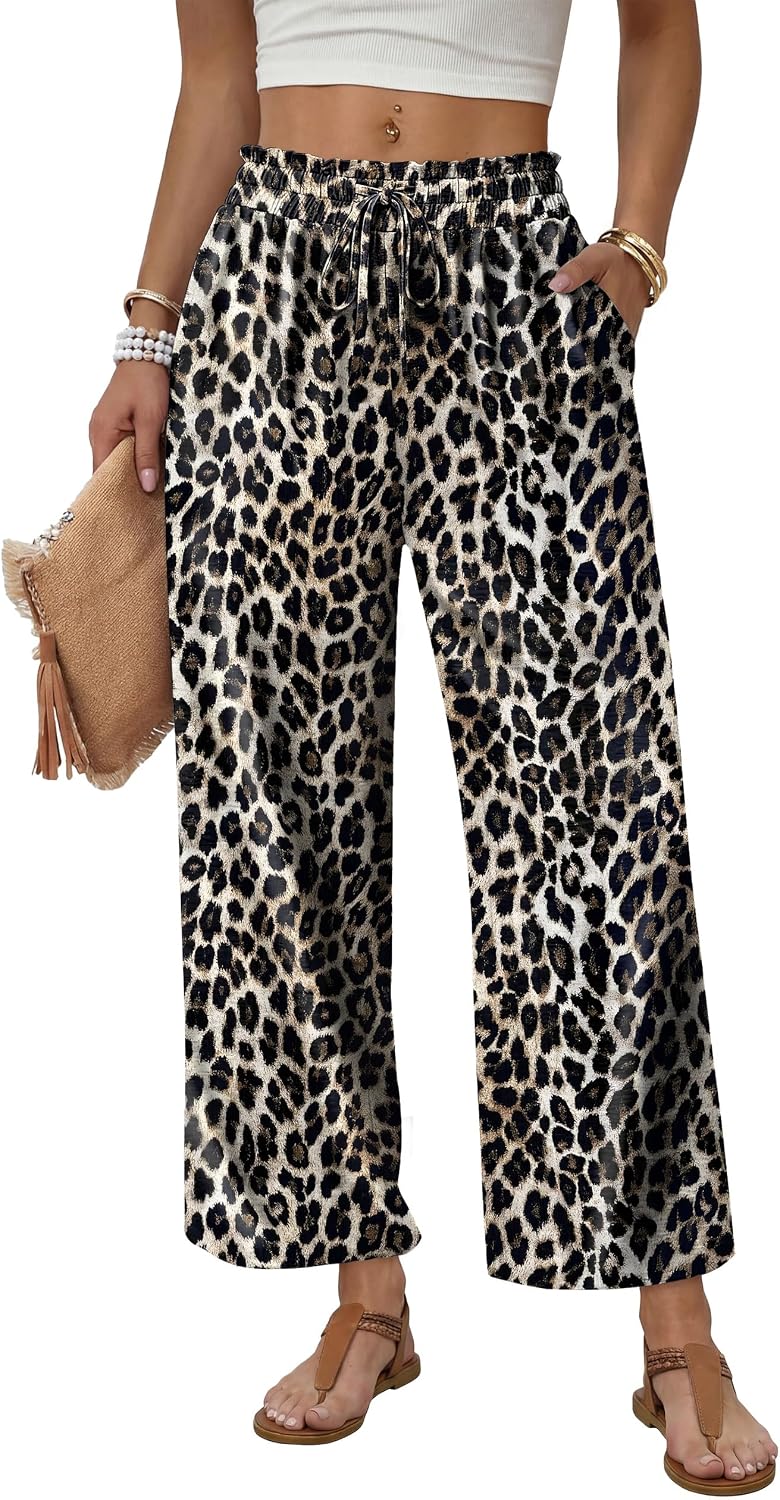 Dahlia - Leopard Print Wide Leg Palazzo Pants with Drawstring Waist and Pockets