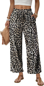 Dahlia - Leopard Print Wide Leg Palazzo Pants with Drawstring Waist and Pockets
