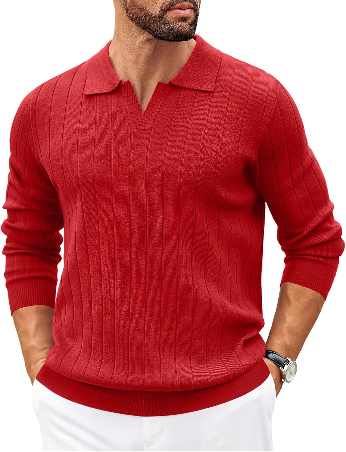 Brenda Men's Knit Polo Sweater – V-Neckline Collar, Wide Stripe Texture & Ribbed Detailing