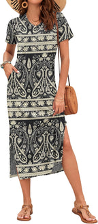 Celestia Women's Printed V-Neck Maxi Dress with Side Slits & Pockets
