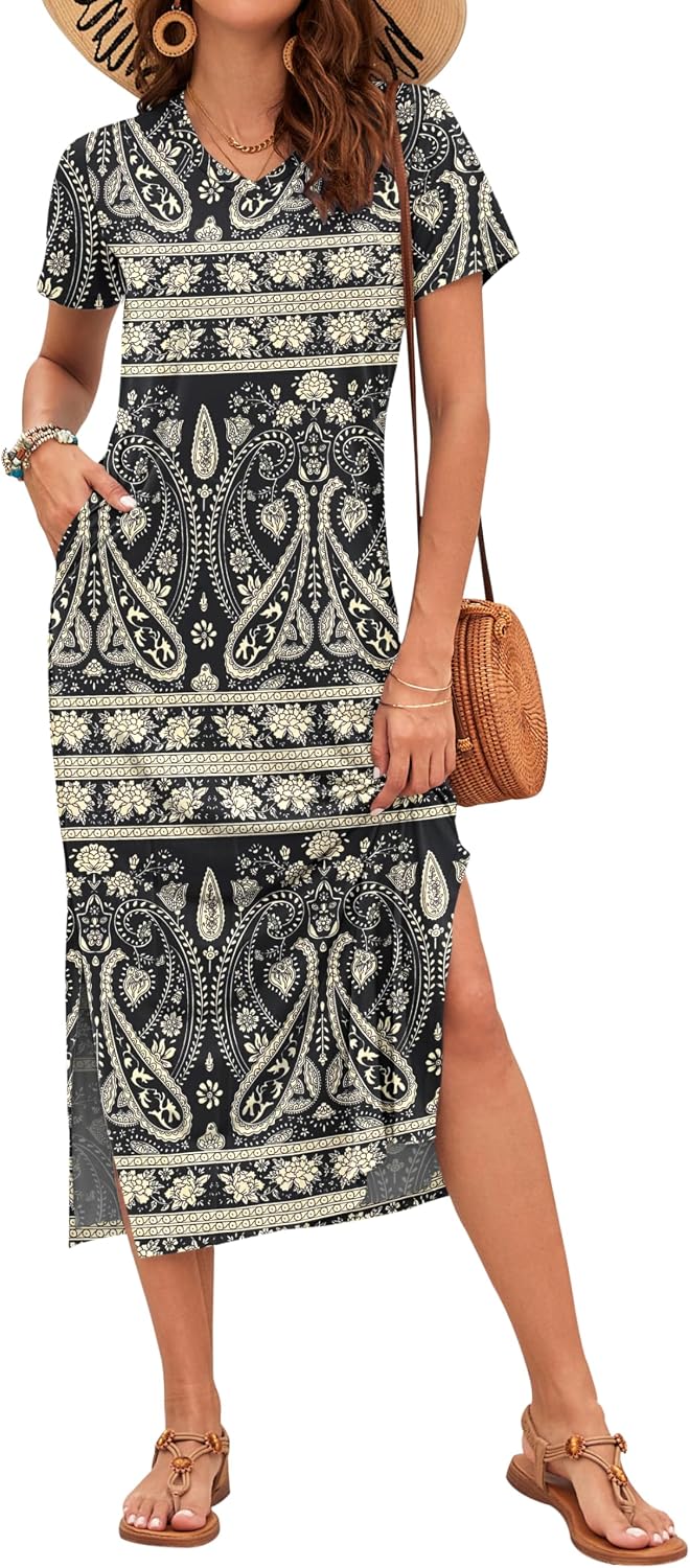 Celestia Women's Printed V-Neck Maxi Dress with Side Slits & Pockets