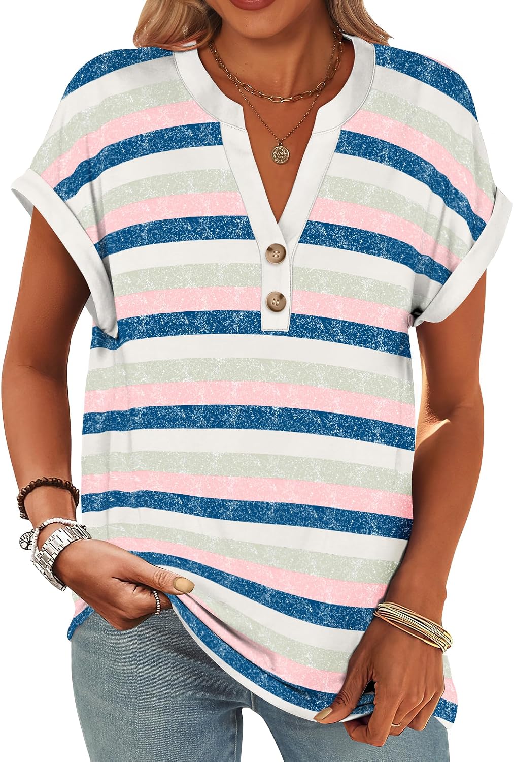 Colette Women's Henley V-Neck Tunic Top with Short Sleeves & Button Detail