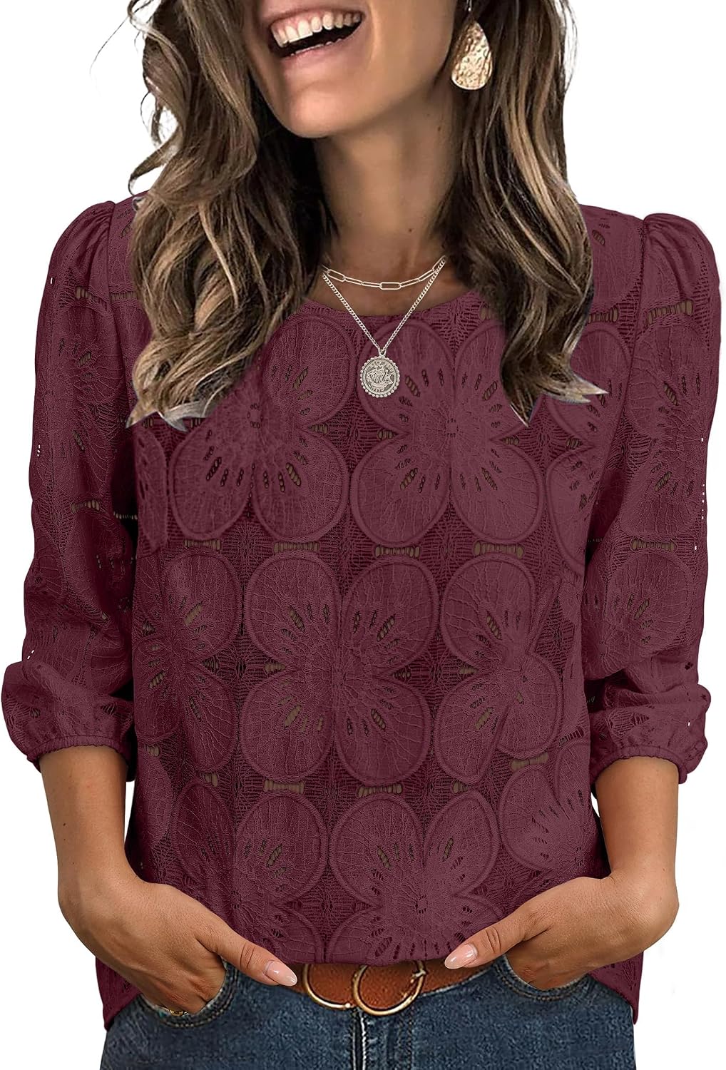 Adeline Women's Eyelet Lace Blouse with 3/4 Puff Sleeves & Embroidered Detail