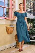 Celestia Cotton A-Line Maxi Dress – Puff Sleeve Off-Shoulder Smocked Dress