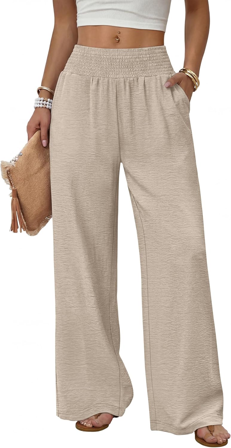 Solenne Women's High-Waisted Wide Leg Lounge Pants with Smocked Waist & Pockets