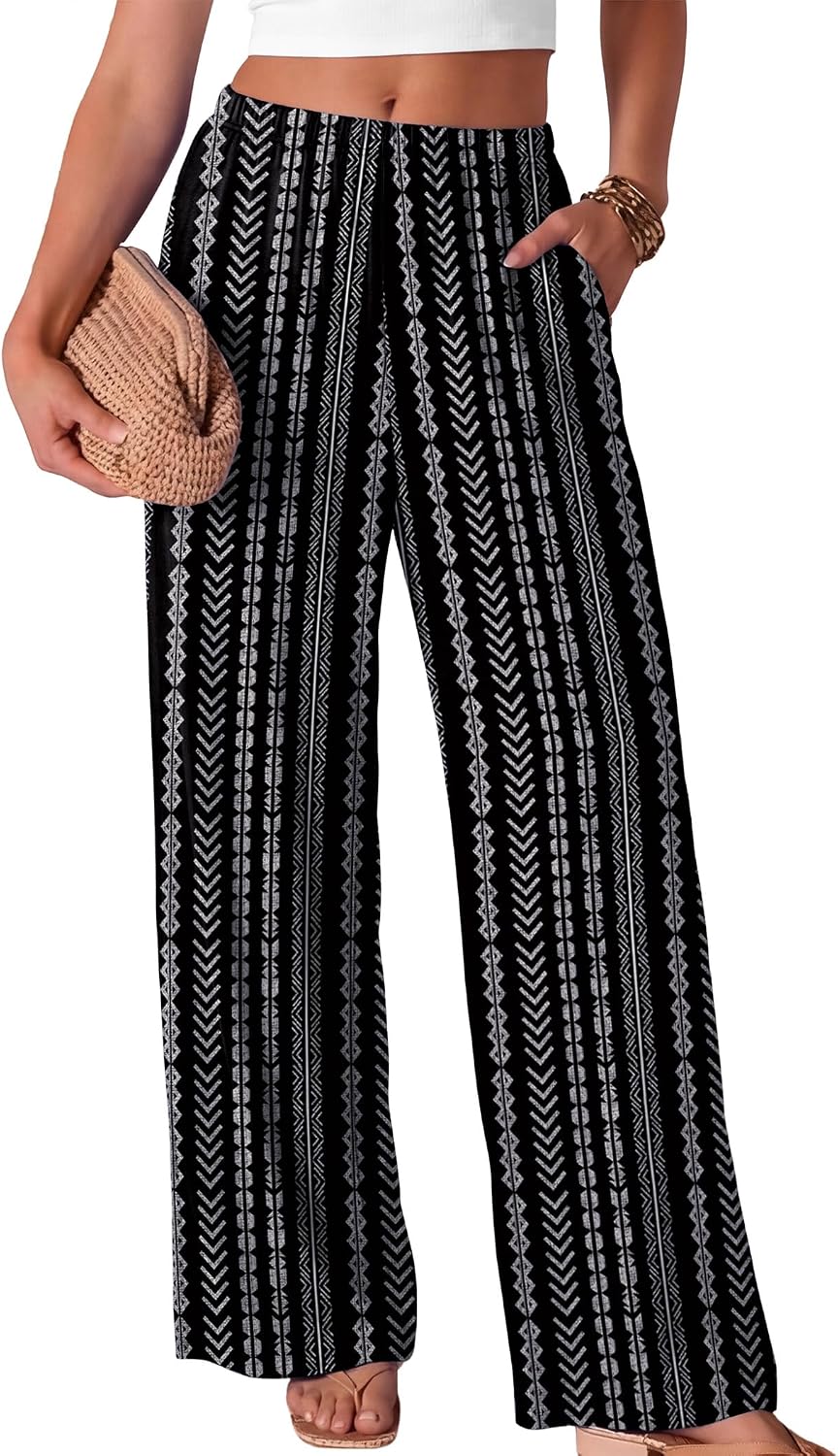 Evelyn - Bohemian Print Wide Leg Palazzo Pants with Elastic Waist and Side Pockets